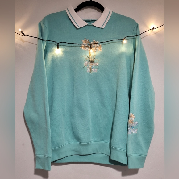 Vintage Embroidered Collared Long Sleeve Pullover Tiffany Blue - Picture 3 of 8